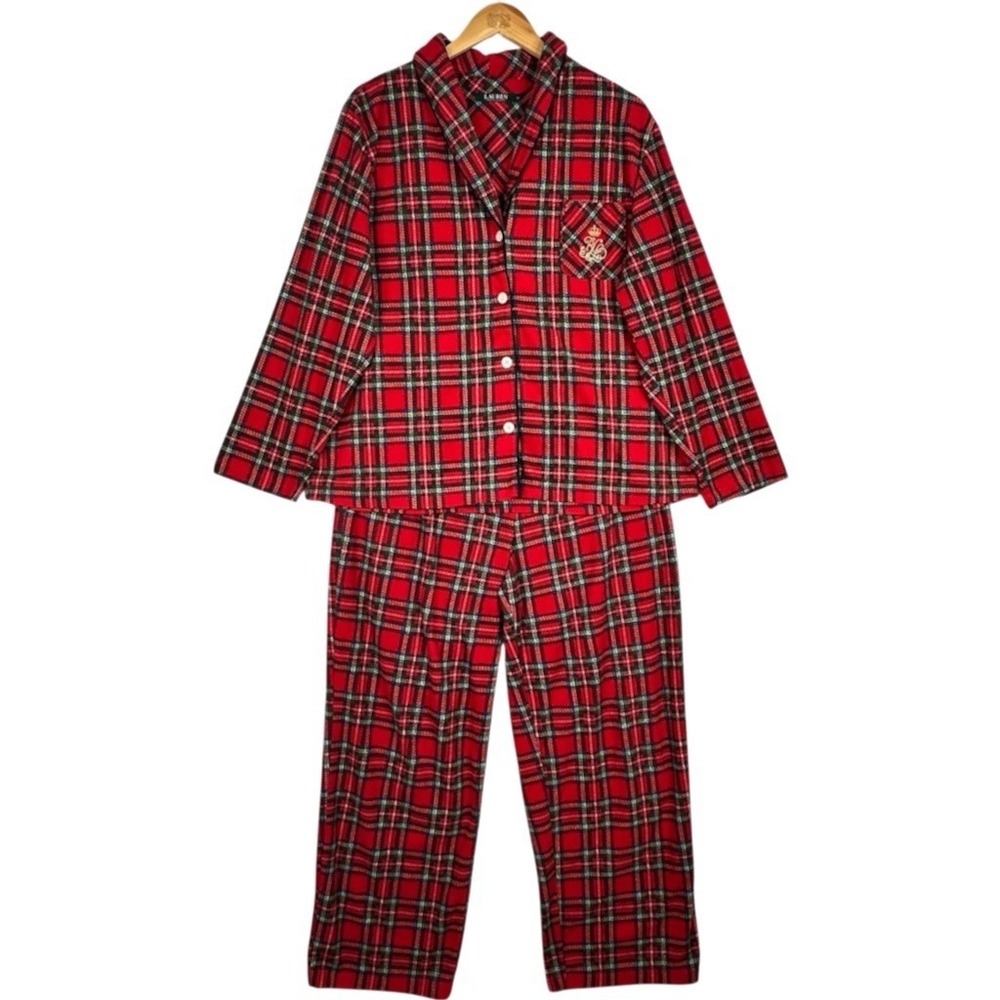 Lauren Ralph Lauren Pajama Set XL Red Tartan Plaid Crown Monogram Christmas